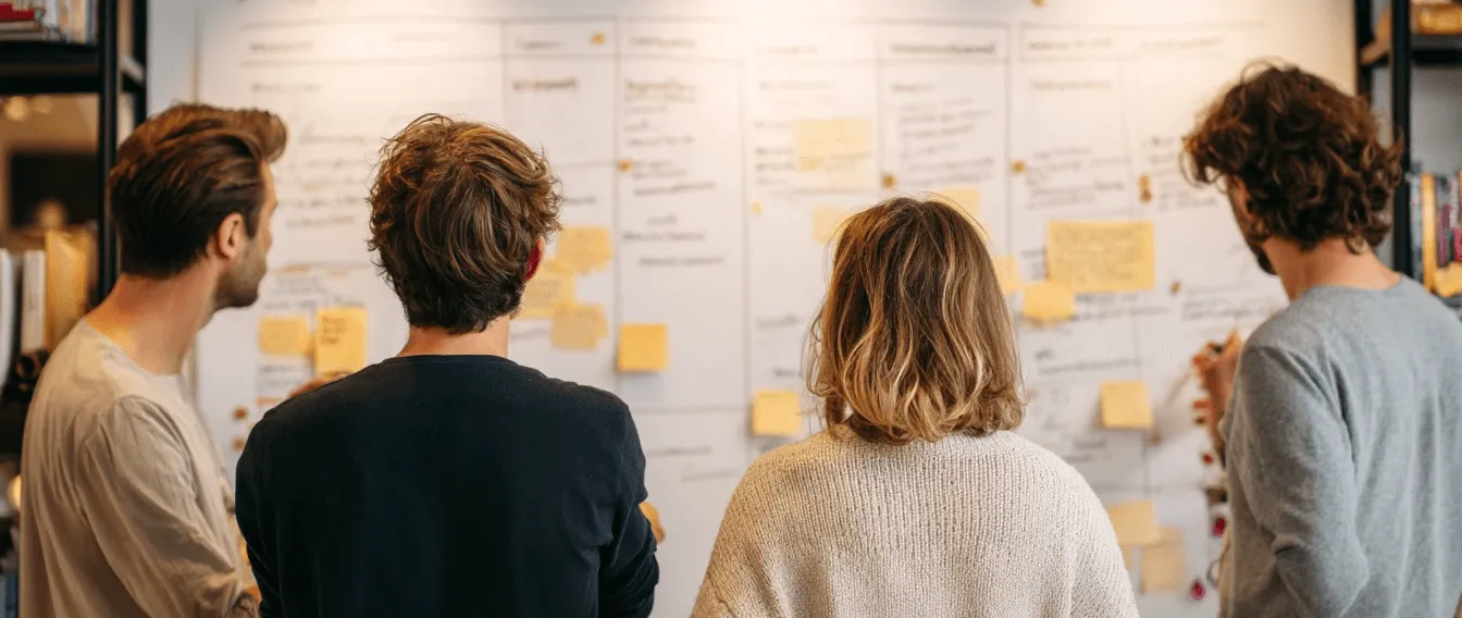 Équipe devant un mur de post-it lors d’un atelier